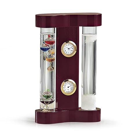 Desktop Combo Weather Station | Galileo Thermometer | Precision Quartz Clock | Analog Hygrometer | Fitzroy Storm Glass | Gift for at-Home Meteorologist | Cherry Wood | 7 Tall