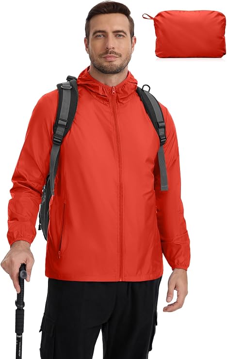 Men's Packable Windbreaker Jacket, Lightweight Windproof & Water Repellent Outdoor Rain Shell with 2 Pockets (Fluor Red,L)