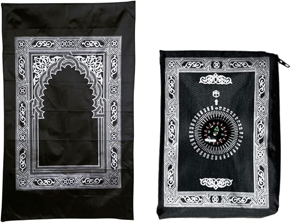 1 Piece Prayer Mat, Musilm Prayer Mat, Polyester Prayer Rug, Portable Travel Prayer Mat, Travel Prayer Rug with Compass, for Muslim Prayer, Ramadan (Black, 60CMx100CM)