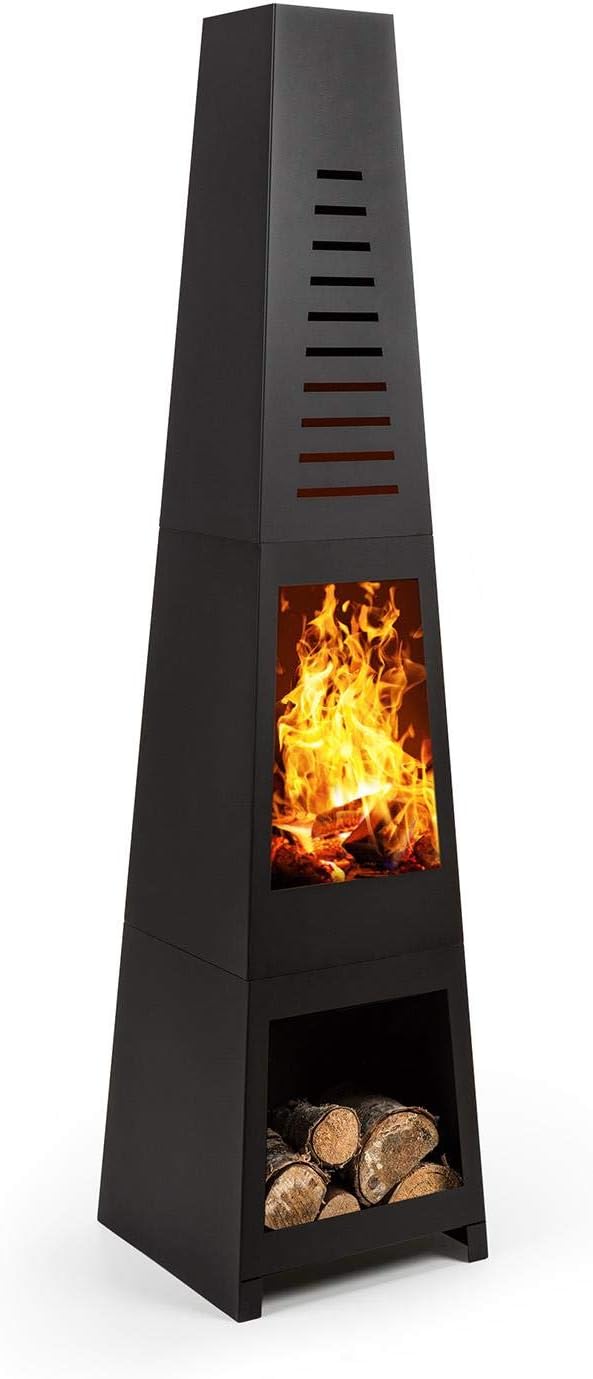 BLUMFELDT Monument - Garden Fireplace, Patio Stove, Fire View, Stainless Steel, Includes Storage Space for Logs, Modern Look, Tip-Over Protection, with Charcoal Grate and Poker, Black