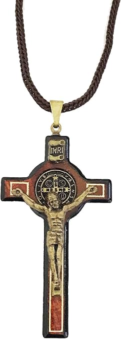 Catholica Shop Saint Benedict Medal Wood Crucifix Cord Necklace for Men & Women Handcrafted Religious Pendant, Healing, Travel Protection, Perfect for Gifting on Special Occasions, Made in Brazil