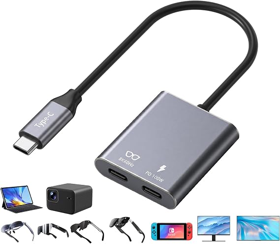 USB-C to AR Glasses Charging Adapter, 8K@60Hz Charge and Play Hub with 100W PD Fast Charging, Compatible with Switch 2, Steam Deck, ROG Ally X, XREAL Air 2, Rokid, Viture, iPhone 17/16