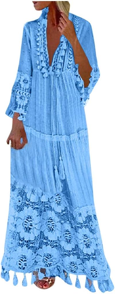 YESIMOLA 34 Sleeve Beach Dress for Women Floral Print Deep V-Neck T-Shirt Dress Loose Tassel Blouse Dress Evening Party