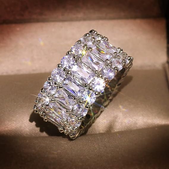 925 Sterling Silver Ring Full Shiny Whole Circle Three Row Cubic Zirconia Crystal Diamond Wedding Ring Band for Women HM483 (US Code 9)