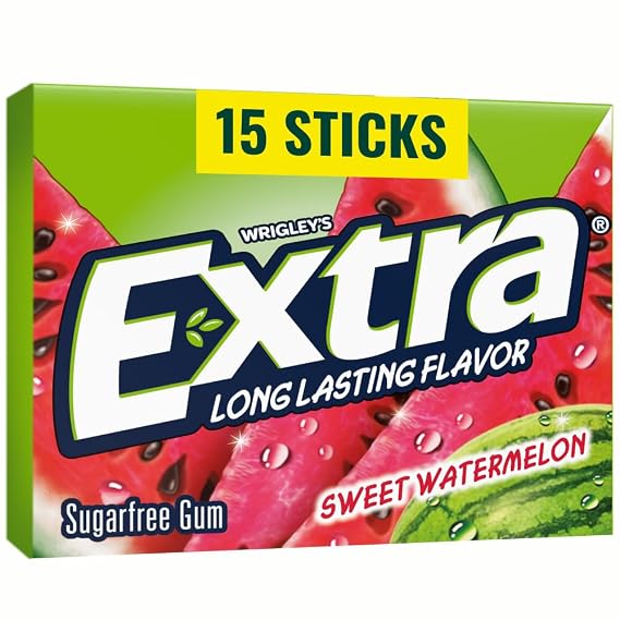 Wrigley's Extra Fruit Sugar Free Gum, Sweet Watermelon, 15 ct | Freshen breath with Sweet Watermelon chewing gum; sugarfree gum, travel size 15 ct pack for car, office, on the go