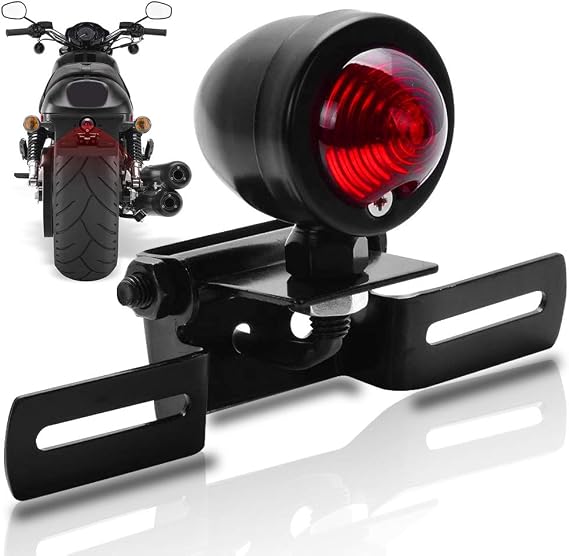 KATUR 1Pcs Red 12V Motorcycle Tail Light Brake Stop Running Light with License Plate Holder Black Compatible with Harley Bobber Chopper Cruiser Dyna Glide Sportster