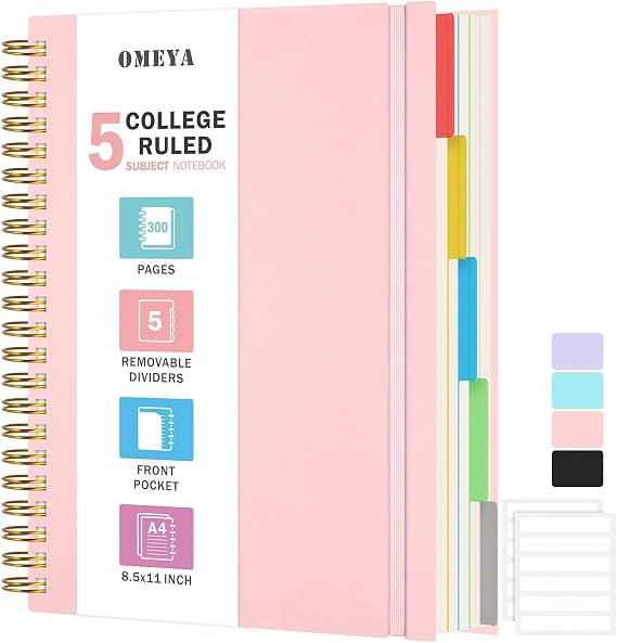 A4 Notebook, Lined Notebook with Removable Dividers, 100GSM Thick Notepad | 300 Pages, Large Spiral Writing Journal Notebook for Women Men, 5 Subject Notebooks for Work Office School,21.5 x 27.9cm,Pink