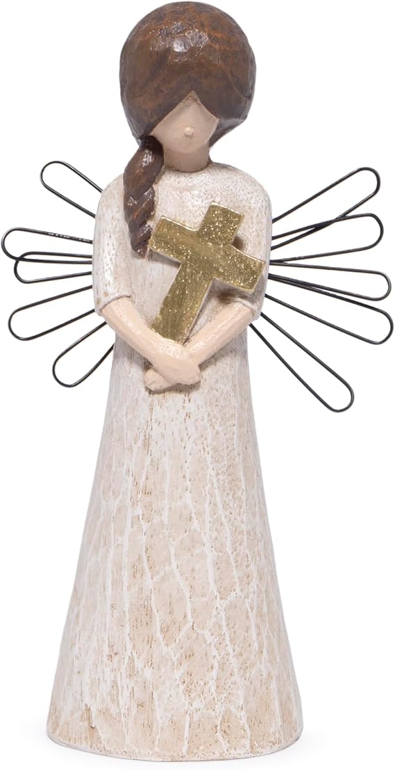 Hodao Angel Figurine with Cross, 5.1" Resin Guardian Angel Ornaments for Home Decorations, Sympathy & Memorial Decor, Indoor Tabletop Religious Figurines, Faith Gift for Women Mom Friends