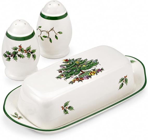 Spode Christmas Tree 3-Piece Hostess Set for Holiday Entertaining | Fine Earthenware 8" Butter Dish with Lid, 3" Salt & Pepper Shakers, Festive Christmas Tableware, Dishwasher Safe Serving Set