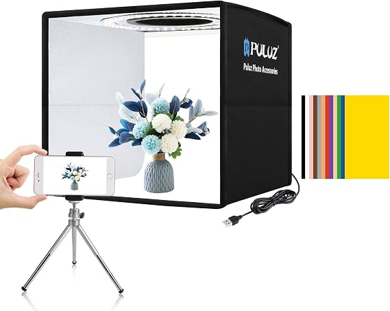 PULUZ Mini Photo Studio Light Box, Photo Shooting Tent kit, Portable Folding Photography Light Tent with CRI >95 104pcs LED Light & 6 Kinds Double-Sided Color Backgrounds for Small Size Products