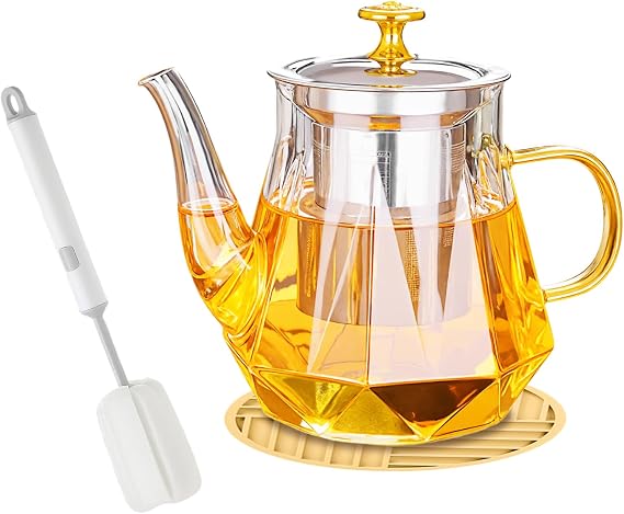 1000ml/35oz Glass Teapot with Pad & Brush, Clear Glass Tea Pot with Infuser for Loose Tea Leaf, High Borosilicate Glass Tea Brewer Tea Maker, Glass Tea Kettle Water Jug with Strainer, Stovetop Safe