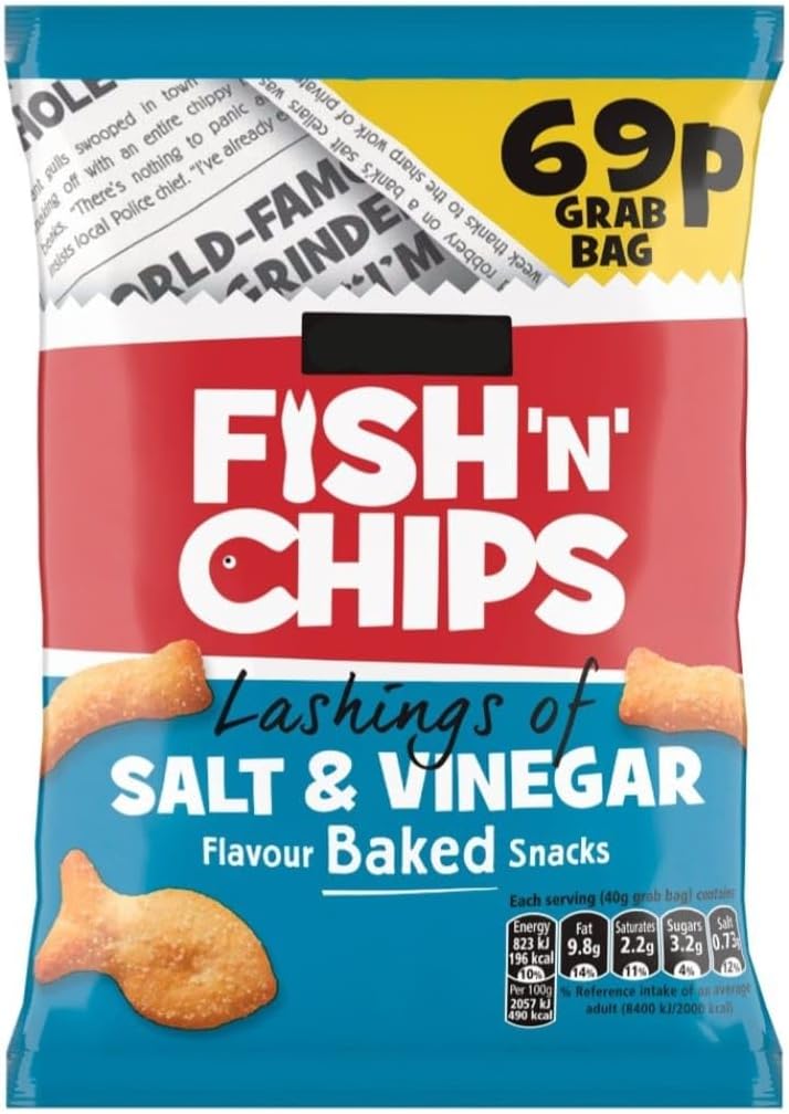 Burtun's Fish'N' Chips Lashings of Salt & Vinegar Flavour Baked Snack Crisps - 30 x 40g Packs
