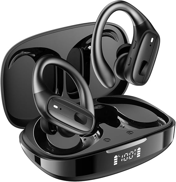 LEEMC Wireless Earbuds, Bluetooth Headphones 5.4, 80Hr Playtime Ear Buds with Hooks for Sports, Noise Canceling, LED Display, IPX7 Waterproof Earphones for Workout Running, Onyx