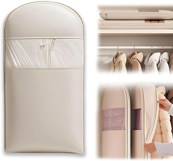 Space Saving Hanging Garment Bag with Self Compression Zipper, Space Saver Closet Organizers, Garment Bags for Hanging Clothes for Closet Storage (Beige, L-110 * 58 * 15cm)