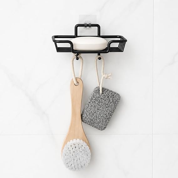 Alper Banyo Yapışkanlı Siyah Sabunluk ve Lif Askılık, Delmeden Montajlı Banyo Sabun Rafı, Çift Askılı Mat Siyah Banyo Düzenleyici