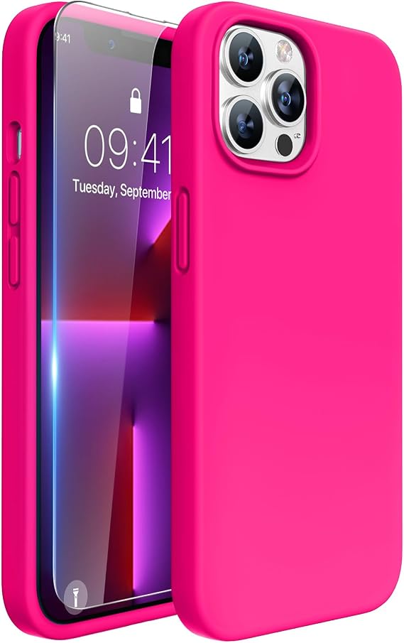 miracase Designed for iPhone 13 Pro Max Case with Screen Protector,[Soft Anti-Scratch Microfiber Lining],Shockproof Liquid Silicone Rubber Phone Case Cover 6.7 inch, Hot Pink