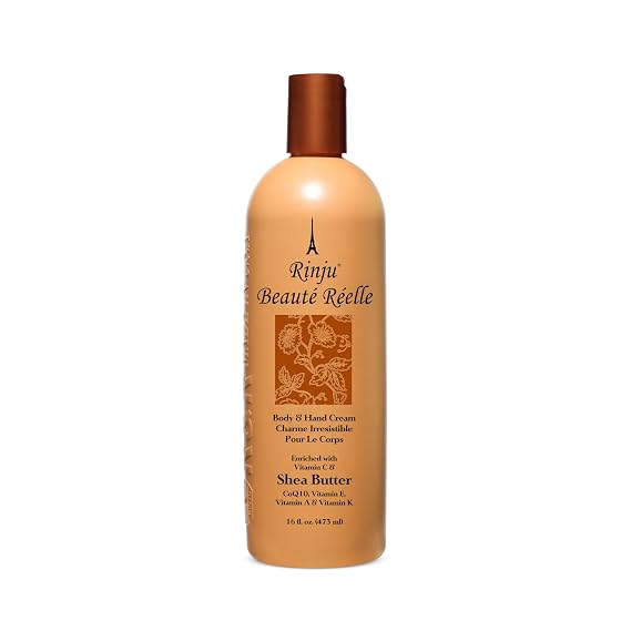 Rinju Beaute Reelle Body & Hand Cream - Non-Greasy Cream for Women & Men - 16 Oz Shea Butter Cream for Extremely Dry Skin - CoQ10, Vitamin E, A & K Moisturizer - Soothes, Caressed and Pampers Skin