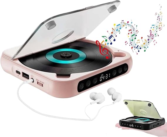 Portable Bluetooth-Compatible CD Player, CD Music Player for Home with Headphone, with Timer and LCD Screen Display, Supports CD/AUX/USB and Repeat Modes Pink