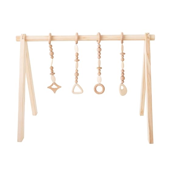 Poppyseed Play Wooden Baby Play Gym | Montessori-Inspired Activity Center with 4 Hanging Toys | Natural Wood & Silicone | Ideal for Tummy Time, Sensory Play & Motor Skill Growth | 0-12 Months