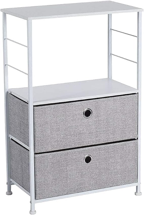 LINKLIFE 2-Drawer Nightstand with Shelf Storage Bedside Furniture & Accent End Table Chest for Home, Bedroom, Office, College Dorm, Steel Frame, Wood Top, Easy Pull Fabric Bins (White/Gray)