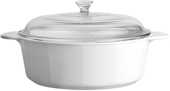 CorningWare Glass-Ceramic Pyroceram Round Classic Casserole, 2.4 Quart / 2.25 Liter Cooking Pot with Handles & Glass Cover - White (Medium)