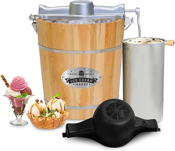 Elite Gourmet EIM402 Vintage Wood Bucket Electric Ice Cream Maker Machine, Bonus Classic Die-Cast Hand Crank for Churning, Uses Ice & Rock Salt Churns Ice Cream in Minutes