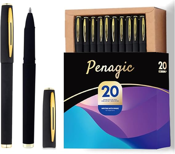 Penagic Pens P-223A Gel Pens Fine Point 0.7 mm Black Ink Roller Ballpoint Pens Matt Design Stationery Pens for School Office Supplies 20 Pens Metal Clip