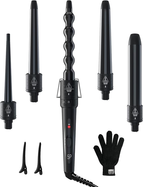 5 in 1 Curling Wand Set: Ohuhu Curling Iron Wand 5Pcs 0.35 to 1.25 Inch Interchangeable Ceramic Barrel Heat Protective Glove 2 Clips Dual Voltage Hair Curler for Girl Women Black | Ohuhu Curling Iron Wand 5Pcs 0.35 to 1.25 Inch Interchangeable Ceramic Barrel