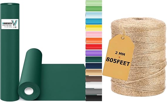 Vanhench Green Wrapping Paper & Natural Jute Twine String, Perfect for Wedding,Valentine's Day,Birthday, Christmas,Baby Shower,DIY Bouquet
