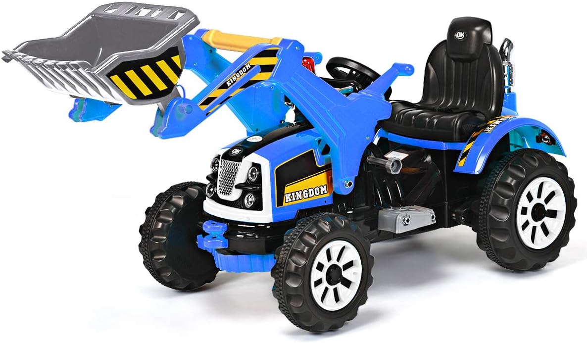 Costzon Ride on Excavator, 12V Battery Powered Construction Vehicles for Kids, Front Loader with Horn, 2 Speeds, ForwardBackward, Safety Belt,Treaded Wheels, Digger, Ride on Car Blue
