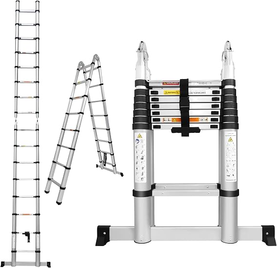 Aluminum Telescoping Ladder 16.4FT A-Frame Extension Ladder with Stabilizer Bar, 330lbs Max Load Capacity, for Home Office RV Roof, Heavy Duty Portable Folding Ladder Non-Slip Feet