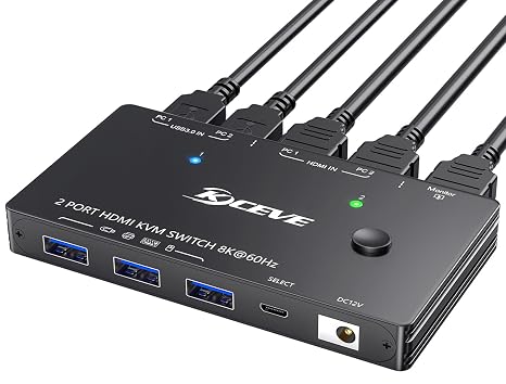 KCEVE KVM Switch 2 Computer 1 Monitor HDMI 8K@60Hz 4K@120Hz