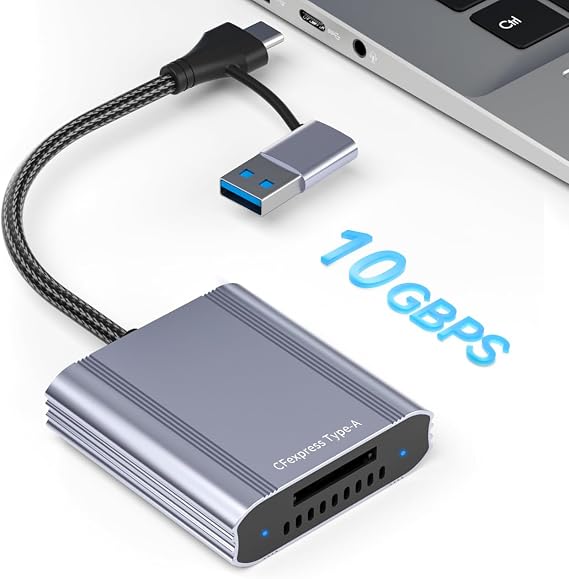 CFexpress Type A Card Reader with USB 3.2 Gen 2 10Gbps & USB-C/USB-A 2-in-1 Type A CFexpress Adapter, Compatible with Windows/Mac/Linux/Android, for iPhone 17/16/15, Laptops, Tablets, Smartphones