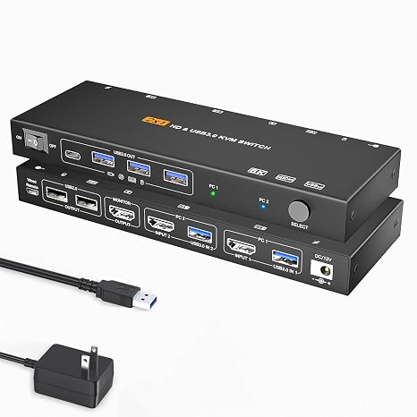 HDMI KVM Switch 1 Monitors 2 Computers 8K60Hz USB3.0 KVM Switch for 2 Computers Share Dual Monitors and 4 USB Devices withRemote Control