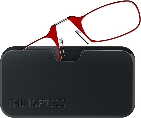 ThinOptics unisex-adult Reading Glasses + Black Universal Pod Case | Red Frames, 2.00 Strength Readers Red Frame / Black Case, 44 mm