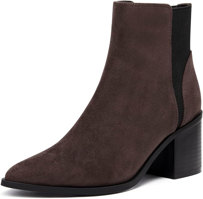 Coutgo Womens Pointed Toe Ankle Boots Elastic Chunky Block Stacked Mid Heel Slip On Chelsea Booties