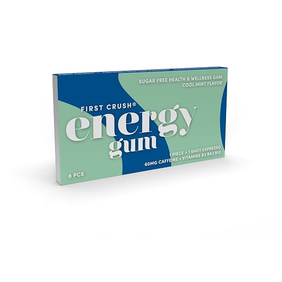 First Crush Energy Gum | Health & Wellness Gum with 60 mg Caffeine & Vitamins | Sugar Free