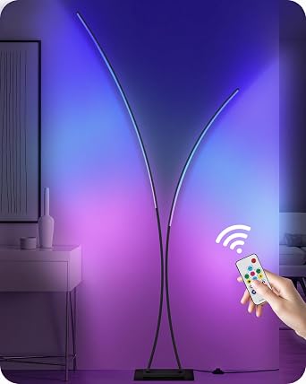 RGB Arc Floor Lamp, Dimmable Double-Light Standing Lamp, 3CCT, Remote & Foot Switch, for Living Room, Office, Bedroom, Black RB61LD05