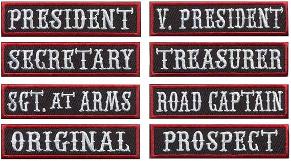 8 Pack 4"Wx1"H MC/RC Officer Title Rank Vest Patches President VP Rocker Rider Motorcycle Biker Patches Name Jacket Patches Appliqued Iron on (Black Ground+White Texts+Red Border)
