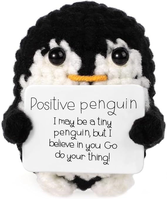 Positive Penguin, 2.6 Inch Knitted Toy, Handmade Mini Funny Crochet Doll with Positive Cards, Encouraging Gift for Home & Office Decor (Black)