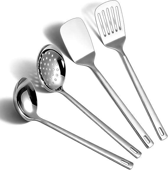 ReaNea Stainless Steel Kitchen Utensils Set 4 Pieces, Cooking Utensil Set Include Metal Spatula Set, Kitchen Skimmer, Soup Ladle, Kitchen Gadgets
