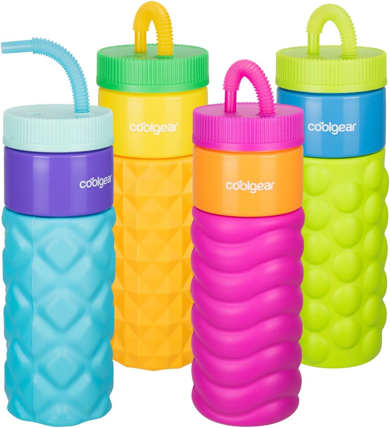 COOL GEAR GO GRIP 24oz Plastic Retro Squishy Water Bottle |Foam Grip, Resealable Bendy Straw | Dishwasher Safe Textured Variety 4-Pack