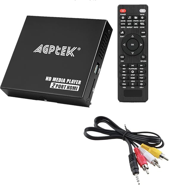 1080P Media Player with ONE AV Cable, Dual HDMI Outpus, Portable MP4 Player for Video/Photo/Music Support USB Drive/SD Card/HDD - HDMI/AV/VGA Output ...