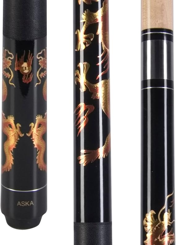 ASKA Golden Dragon Pool Cue Stick 58" Canadian Hard Rock Maple Billiard Cue, Irish Linen Wrap, 13mm Layered Leather Tip, 5/16x18 Joint, Dragon Design Cue for Pool Players