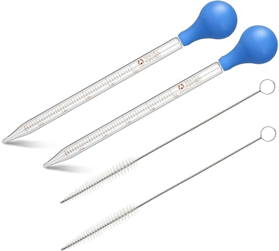 2Pcs Glass Dropper Set with 10ml Glass Eyedropper, Blue Bulb & Cleaning Brush for Precise Liquid Measurement, Lab, Kitchen & Science Use