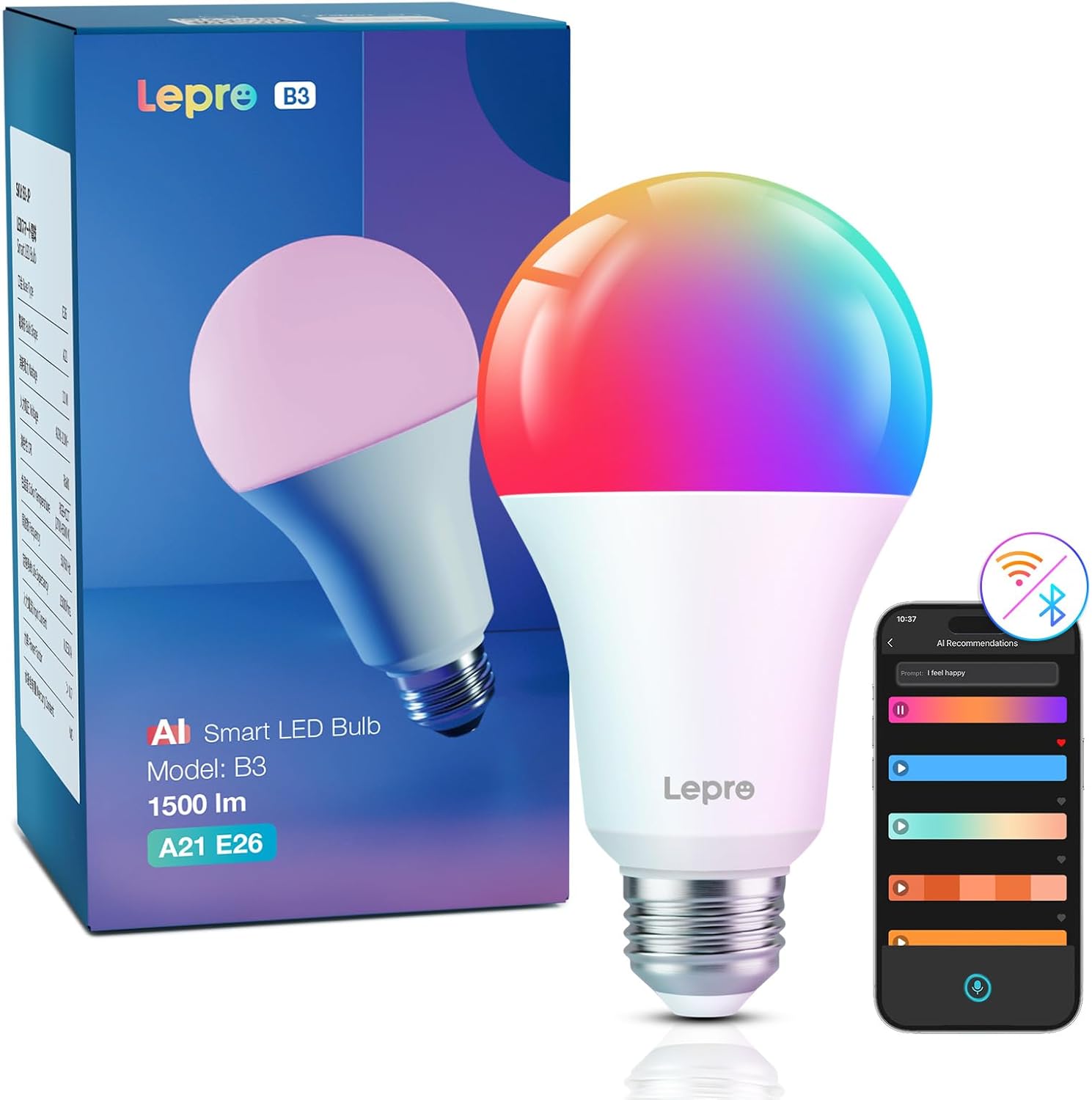 100W形Lepro AI Smart Bulb B3 Wi-Fi Light 1pc LED E26 AI Lighting Designer Over 1500lm BrightDimmable Color Changing12W Energy SavingBulb Color・Neutral White・Daylight Color・Daylight White・Rainbow