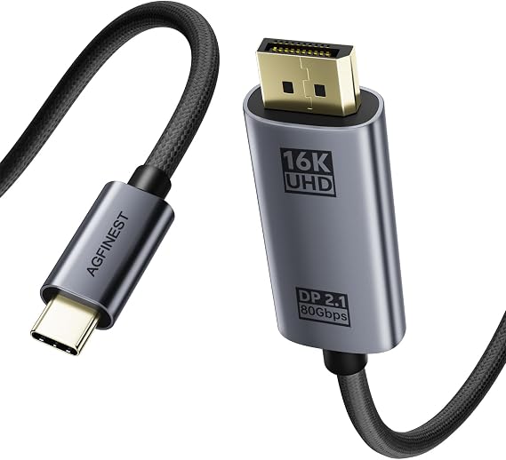 USB-C to DisplayPort 2.1 Cable 1m - 4K@240Hz, 8K@120Hz, 16K 80Gbps UHBR20 VRR HDR Thunderbolt 5/4 Compatible For MacBook Pro, Mac Mini, iPad, XPS, Surface Pro, 5090, OLED Gaming Monitor