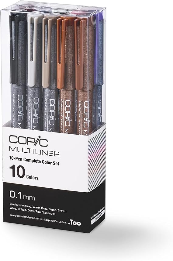 Copic Multiliner Set, 10-Pen Complete Color Set - 0.1mm, Water-based pigment ink (alcohol resistant and be waterproof when dry)