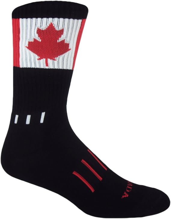 MOXY Socks Canada Flag Crew Socks, Black with Red Maple Leaf Design, Comfortable Cotton Blend Mid-Calf Socks for Men and Women, Casual, Work, Travel