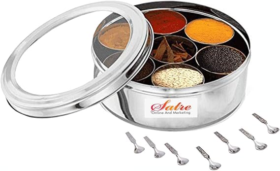Stainless Steel Spice box with glass lid,Heavy Spice Box with 7 container and 7 spoons,Color-Silver